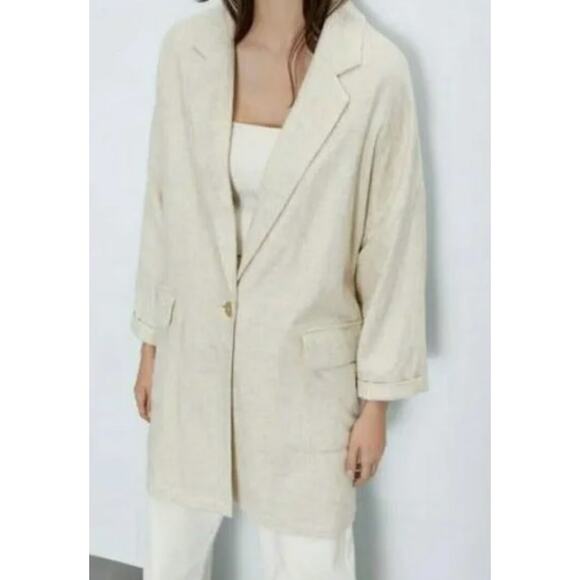 Zara Jacket Womens Small Cream Tan Oversized Blazer Linen Blend - Picture 1 of 10
